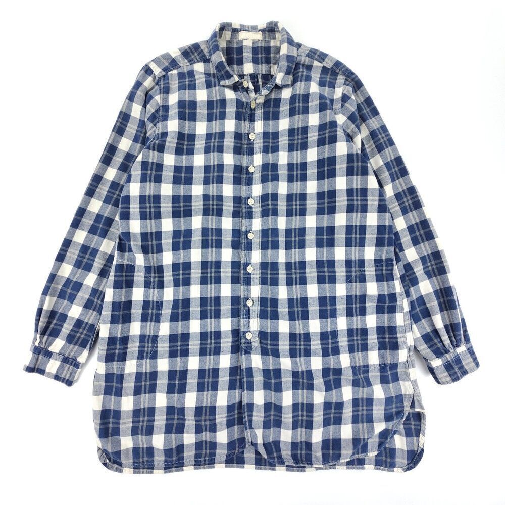 CP SHADES Cecilia Tunic Plaid Button Down Long Sleeve Shirt Navy Lagenlook Boho